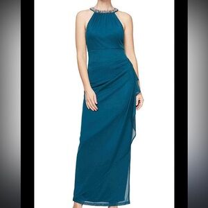 Alex Evening Cocktail Dress 8132966 - Beaded Halter Dress gown Peacock size 14